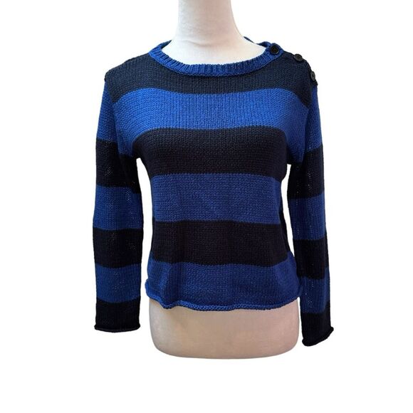 Striped Knit Sweater Button Accent Blue Black Long Sleeve Casual Top - Picture 1 of 6